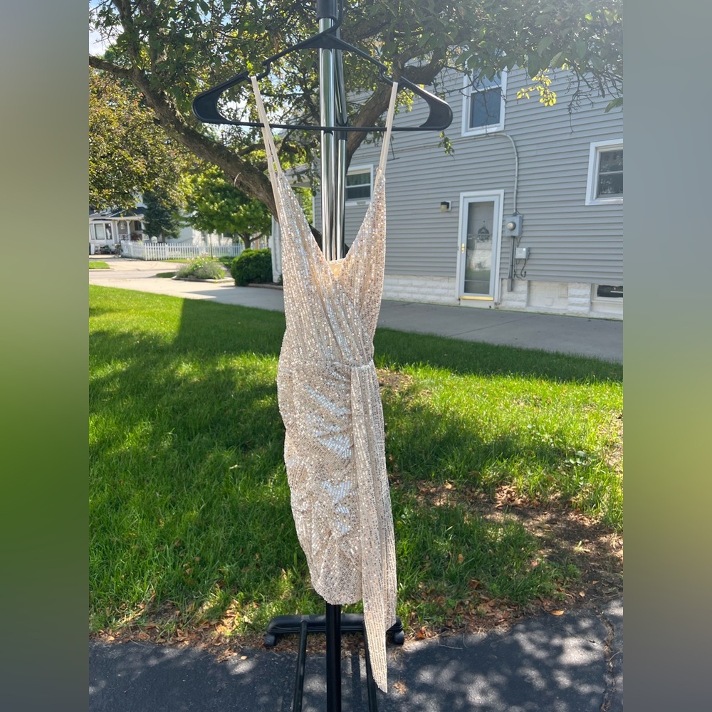 Champagne Sequin Ruched Mini Dress – Size S